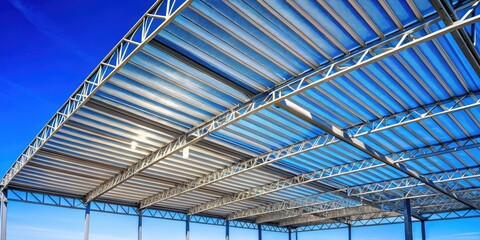 Poster - A modern metal framework structure with a translucent corrugated roof, providing shade and light to the open space below.