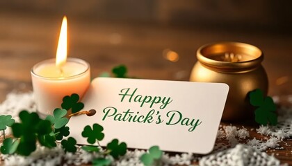 Celebrate St. Patrick's Day with a warm candlelit scene with clover, gold and a festive greeting card