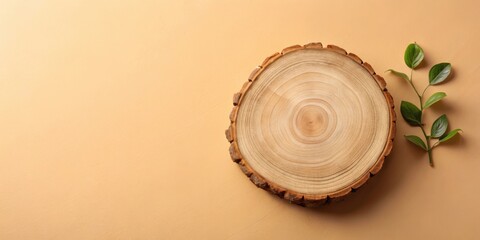 Poster - Wooden Slice with Green Foliage on a Warm Background