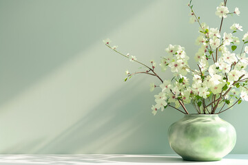 Wall Mural - Soft sunlight illuminates a tranquil indoor setting, where a beautiful cluster of cherry blossoms, gracefully arranged in a green vase, creates a peaceful atmosphere