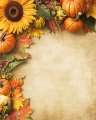 Wall Mural - autumn background image featuring empty letter sunflowers and pumpkins