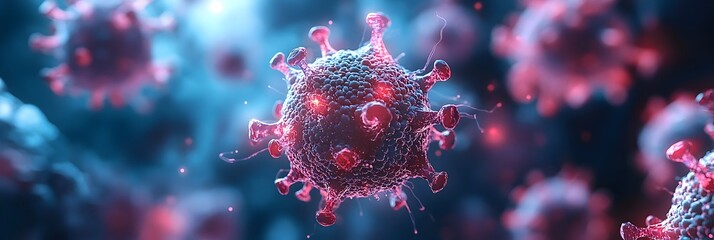 Aufkleber - Detailed microscopic view of a highly contagious coronavirus or COVID-19 virus particle structure in vibrant red and blue tones.
