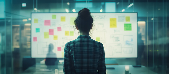 Young woman in a checkered shirt thoughtfully examining a glass wall with numerous sticky notes. Highlights the process of creative brainstorming and project development in a business setting.