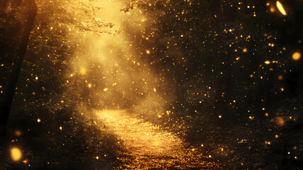 Canvas Print - magical forest path illuminated by golden light and dust