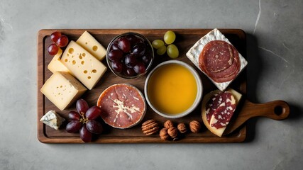 Wall Mural - wine cheese charcuterie board flat lay aesthetic setup for ads background