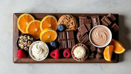 Wall Mural - dessert charcuterie board flat lay aesthetic setup for ads background