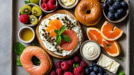 Wall Mural - brunch charcuterie board flat lay aesthetic setup for ads background