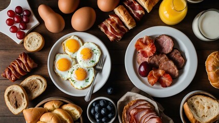Wall Mural - breakfast charcuterie board flat lay aesthetic setup for ads background