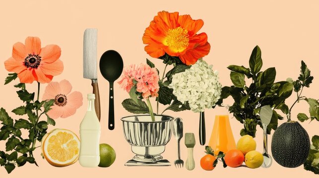 A playful collage featuring flowers alongside kitchen utensils and fresh produce, celebrating the beauty of cooking and nature