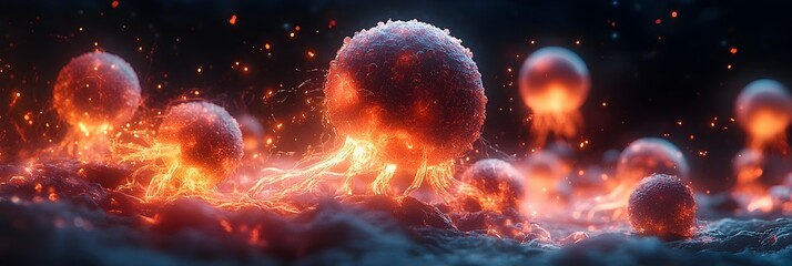Aufkleber - Explosive cosmic cataclysm in a surreal galaxy with fiery fireballs,glowing particles,and celestial bodies swirling in a dramatic,dark night sky. This dynamic.