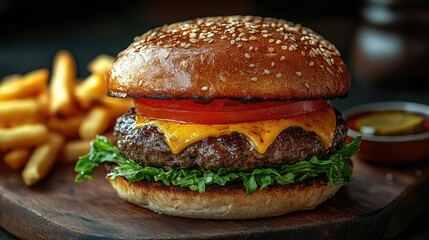 Wall Mural - A classic burger with a juicy beef patty, melted cheese, lettuce, tomato, and pickles, served on a wooden board with a side of fries