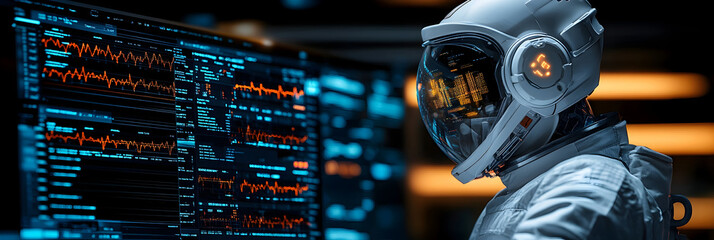 Poster - Futuristic astronaut wearing a protective suit analyzing complex data visualizations and graphs displayed on a large digital screen interface. Concept of advanced intelligence,and space