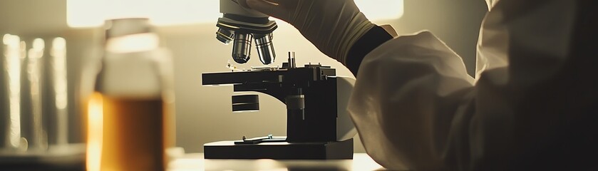 A person using a microscope in a lab setting.