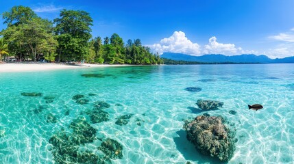 Tropical Paradise with Clear Water and Rocky Shoreline