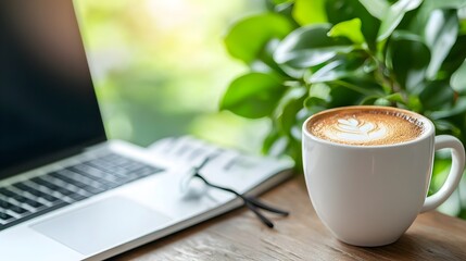 Poster - Cozy and productive coffee break at a modern home office setup with a laptop and notebook waiting for the next task or project