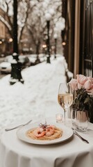 Sticker - A table with a plate of food and a glass of wine