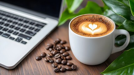 Poster - Cozy and Productive Coffee Break in a Stylish Home Office Setting with a Laptop and Notebook Waiting for the Next Project Task Ahead