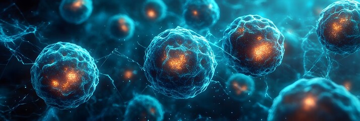 Aufkleber - Futuristic microscopic cell structures and organisms in an abstract digital This image depicts a dynamic,technological and scientific backdrop of intricate cellular anatomy and microbiology.