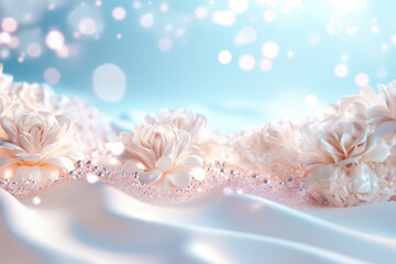 Poster - Soft white flowers elegantly lie on a smooth surface, bathed in soft light that creates a dreamlike atmosphere. A tranquil backdrop enhances their delicate beauty
