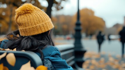 Wall Mural - A woman sitting on a bench in a park