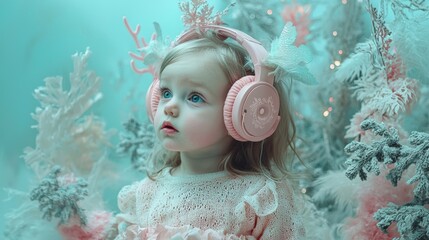 Wall Mural - A little girl wearing headphones in front of a christmas tree