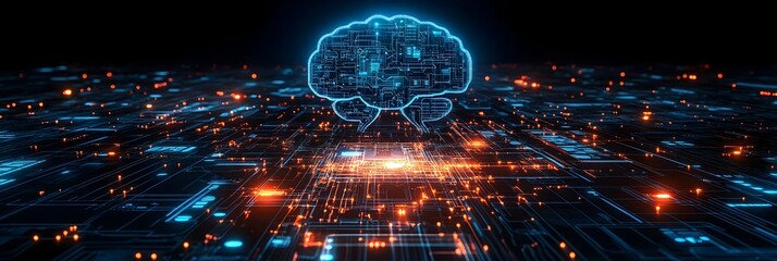 Aufkleber - Glowing Digital Brain Futuristic Technology Intelligence Concept. Modern Abstract Background with Illuminated Circuit Boards,Microchips.