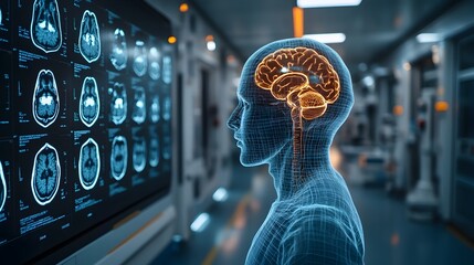 Poster - Glowing Digital Brain Scan Image in a High-Tech Medical Research Laboratory Setting,Representing Advanced Neurological Examination and Analysis
