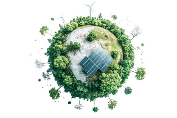 Poster - Aerial view of a green planet with solar panels and wind turbines, surrounded by lush trees, representing sustainable energy.