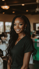 Poster - Portrait of a smiling woman in a cozy indoor setting with soft lighting and a warm atmosphere