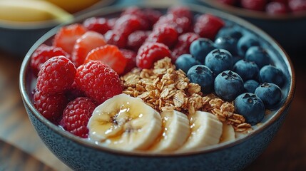 A healthy breakfast bowl with Greek yogurt, granola, fresh berries, banana slices, and a drizzle of honey, beautifully arranged