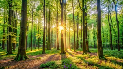 Poster - Sunbeams Illuminate a Tranquil Woodland, Casting Long Shadows Through the Lush Green Canopy