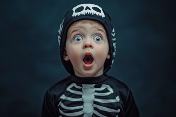 Cute little halloween boy with toy eyes looking up and open mouth with shocked and delight copy space wearing Halloween costume skeleton on dark background with space for text. with generative ai