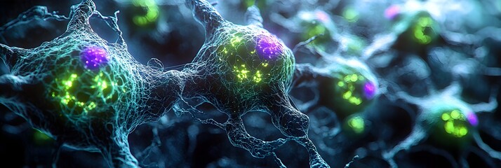 Fototapete - Intricate glowing molecular structures and connections in a captivating futuristic scientific landscape,representing the complex and innovative world of biotechnology,nanotechnology.