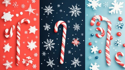 Snowflakes and candy canes flat design side view festive cheer theme water color Triadic Color Scheme