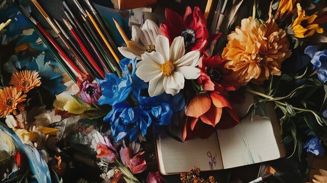 A creative composition of flowers intertwined with art supplies, such as sketchbooks and pencils, inspiring creativity