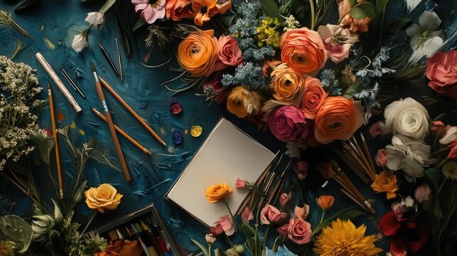 A creative composition of flowers intertwined with art supplies, such as sketchbooks and pencils, inspiring creativity