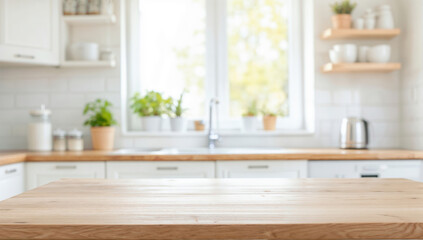 Aufkleber - Empty wooden tabletop with blurred kitchen background
