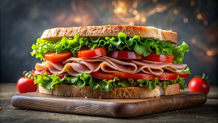 A Freshly Made Sandwich with Layers of Ham, Lettuce, and Tomatoes, Served on a Rustic Wooden Cutting Board