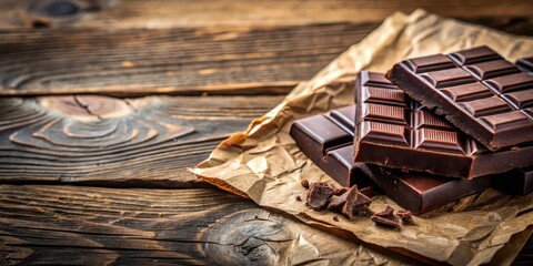 Poster - A close-up of dark chocolate bars on a brown paper background, with pieces of broken chocolate scattered on the rustic wooden surface