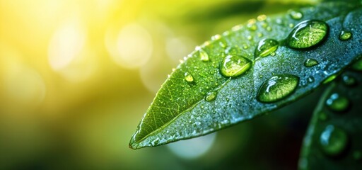 Aufkleber - Green leaf covered with sparkling dew drops in morning sunlight