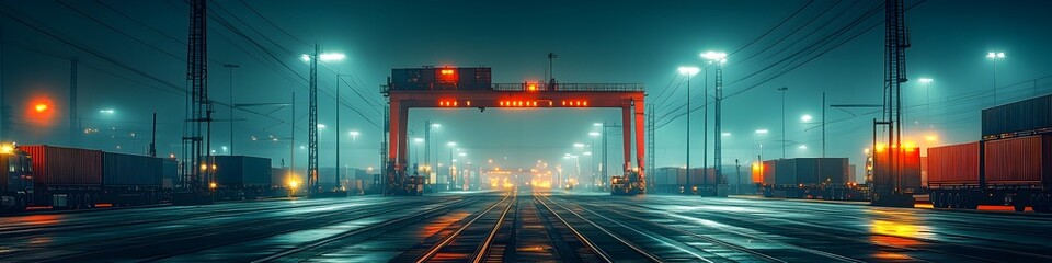 Poster - Panoramic night view of a bustling industrial port terminal with containers,cranes,and busy activity,showcasing the global transportation and logistics network in a modern urban setting.