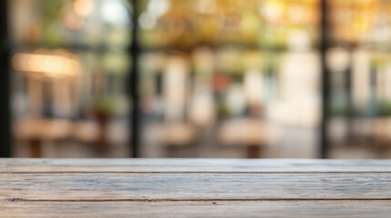 Poster - Empty wooden table top showing blurred restaurant interior background