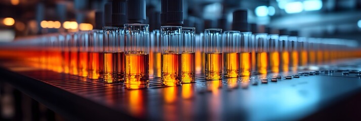 Poster - Rows of glass test tubes filled with amber-colored liquid,arranged in a grid pattern on a tray in a modern science laboratory. The laboratory equipment setup showcases innovation,discovery.