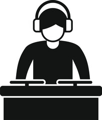 Poster - Black solid icon for a male dj playing music on a mixer console, isolated on a white background