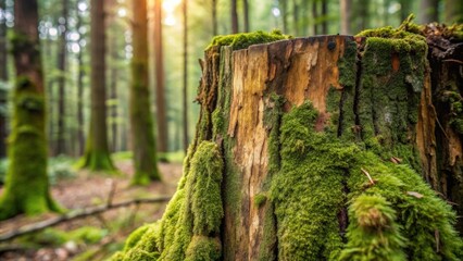 Poster - A moss-covered tree stump in a sun-dappled forest, showcasing the beauty of nature's resilience and the tranquility of a woodland setting.