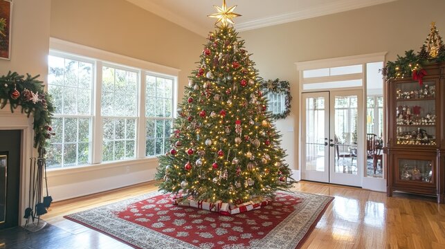 A beautifully decorated Christmas tree with twinkling lights, ornaments, and a star topper in a warm, inviting home