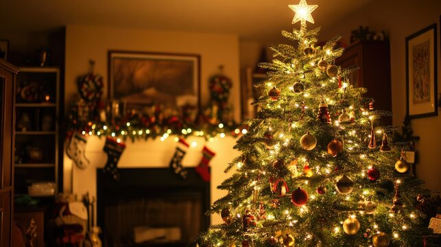 A beautifully decorated Christmas tree with twinkling lights, ornaments, and a star topper in a warm, inviting home