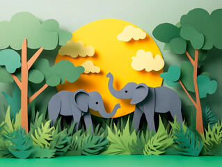 Illustrating elephants in forest, creative origami design world environment and earth day paper cut and craft concept. 
