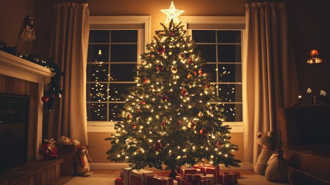 A beautifully decorated Christmas tree with twinkling lights, ornaments, and a star topper in a warm, inviting home