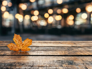 Poster - Single autumn leaf lying on empty wooden table